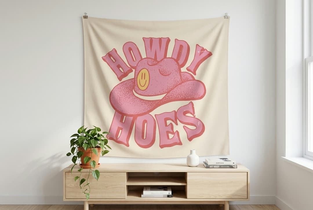 Howdy Hoes tapestry wall hanging mockup