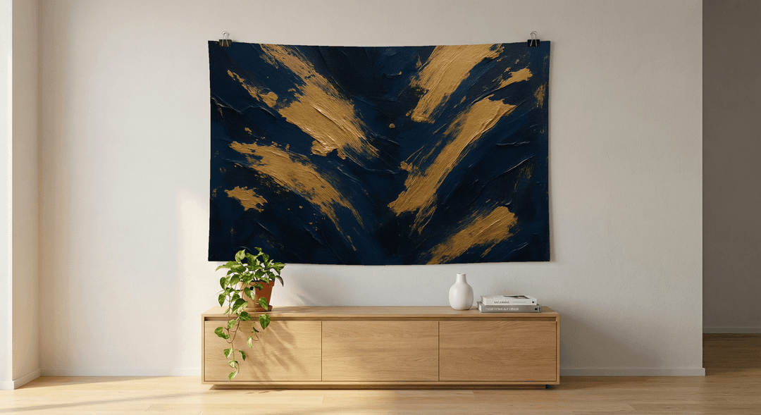 Midnight & Gold tapestry wall hanging mockup