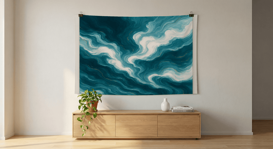Ocean Flow tapestry wall hanging mockup