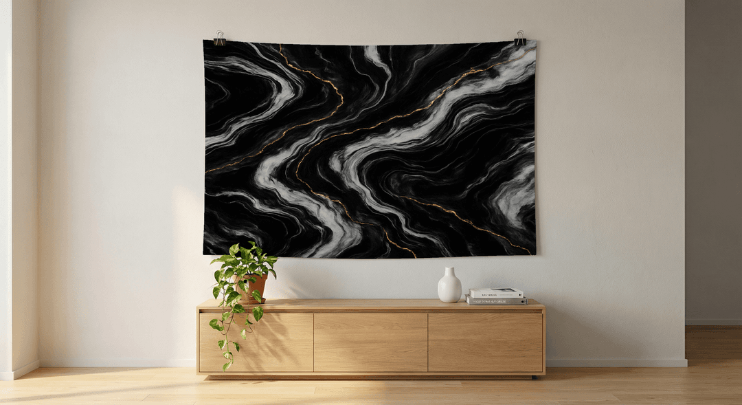 Black Marble tapestry wall hanging mockup