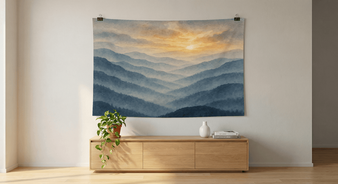 Misty Sunrise tapestry wall hanging mockup