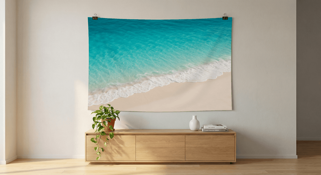 Turquoise Shore tapestry wall hanging mockup