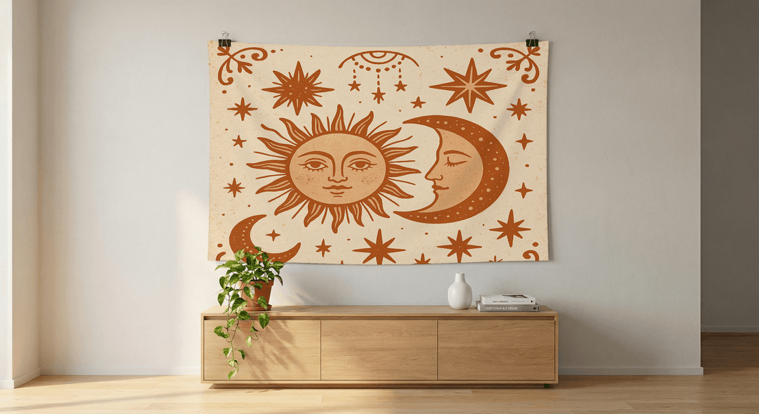 Celestial Duo tapestry wall hanging mockup