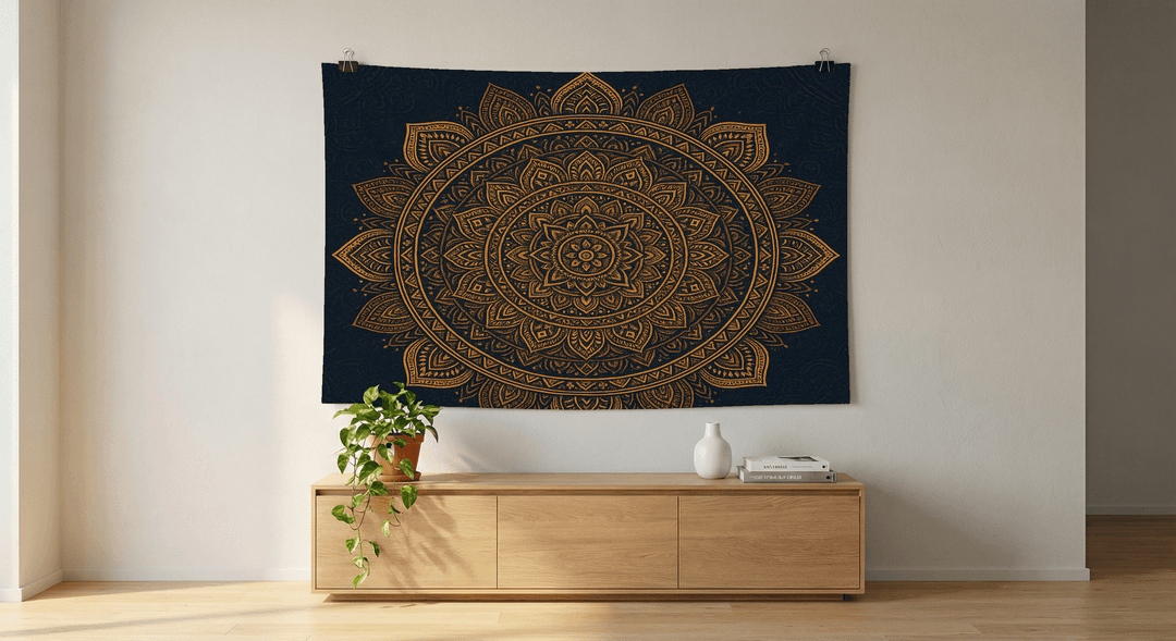 Golden Mandala tapestry wall hanging mockup