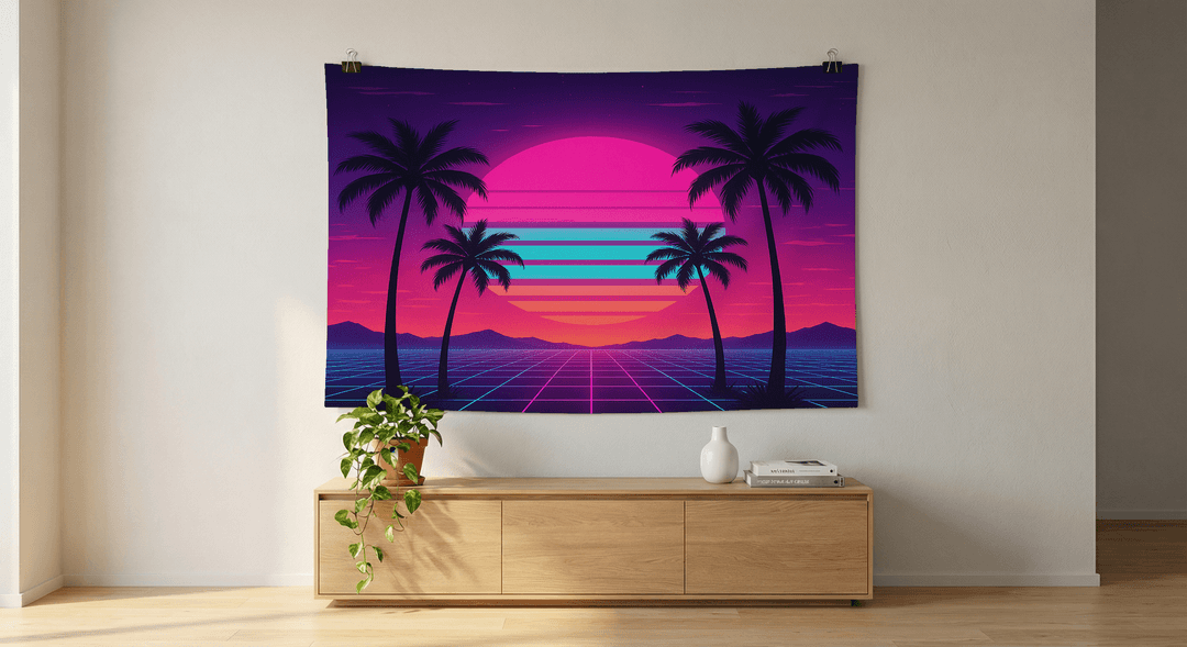 Neon Grid tapestry wall hanging mockup