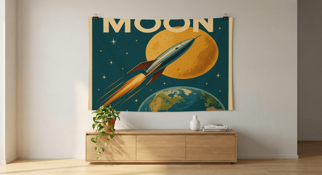 Visit The Moon tapestry wall hanging mockup
