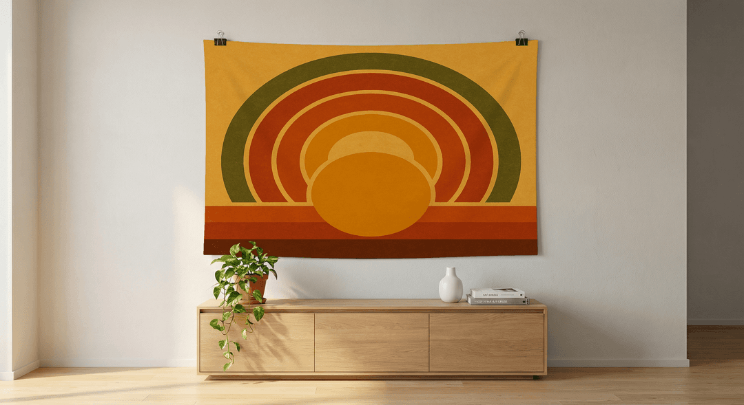 Groovy Sunset tapestry wall hanging mockup