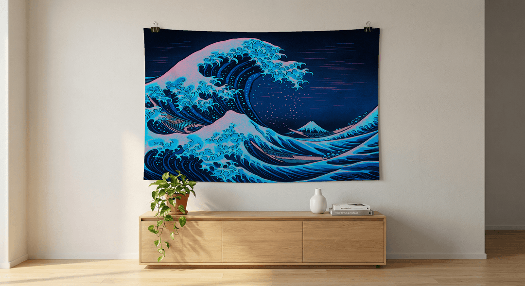 Neon Wave tapestry wall hanging mockup