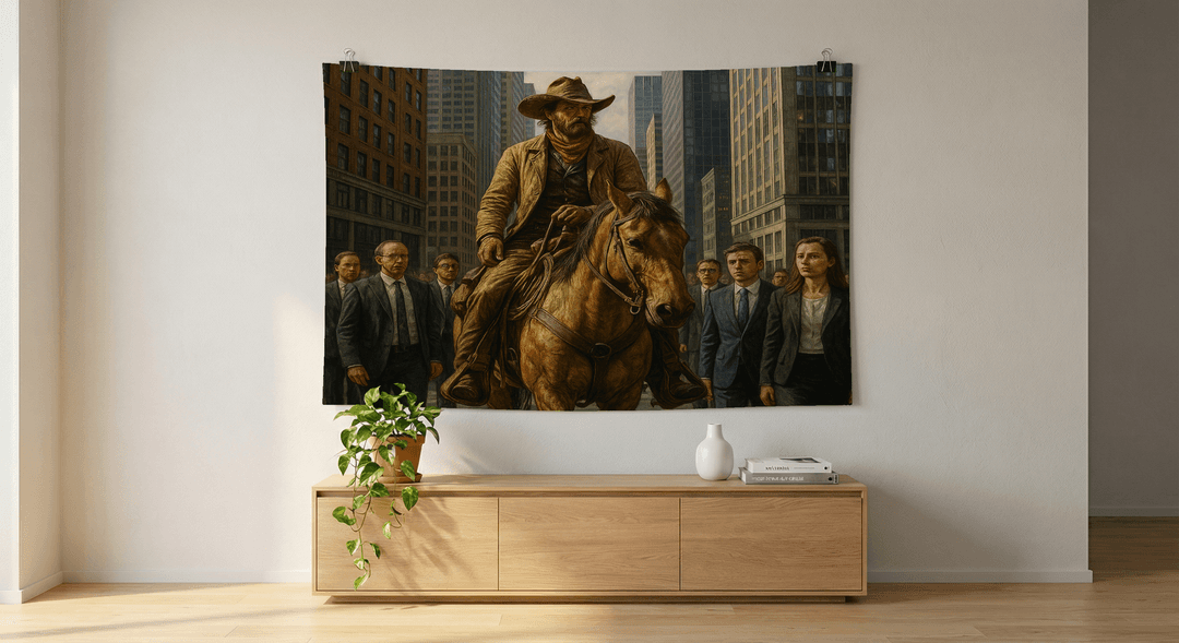 Urban Cowboy tapestry wall hanging mockup