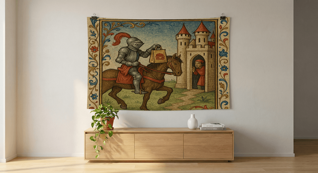 Ye Olde Delivery tapestry wall hanging mockup