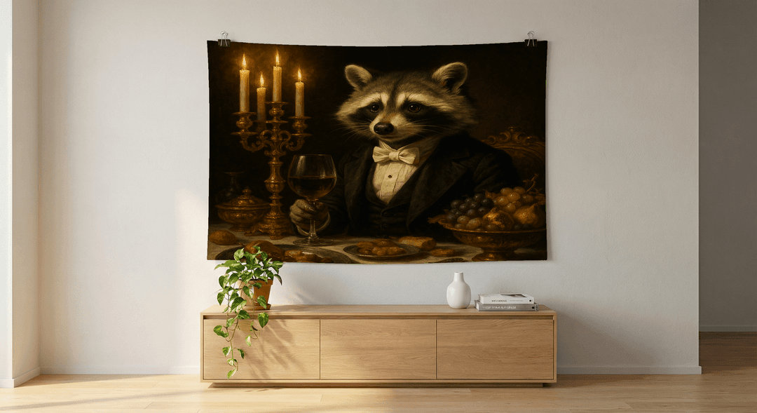 The Distinguished Raccoon tapestry wall hanging mockup