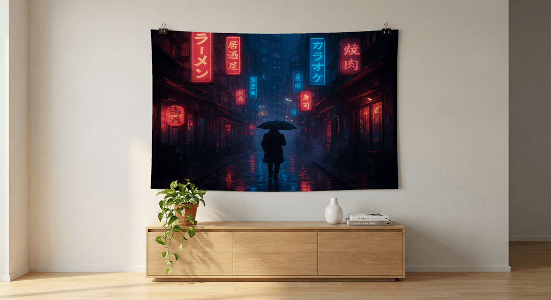 Neon Rain tapestry wall hanging mockup
