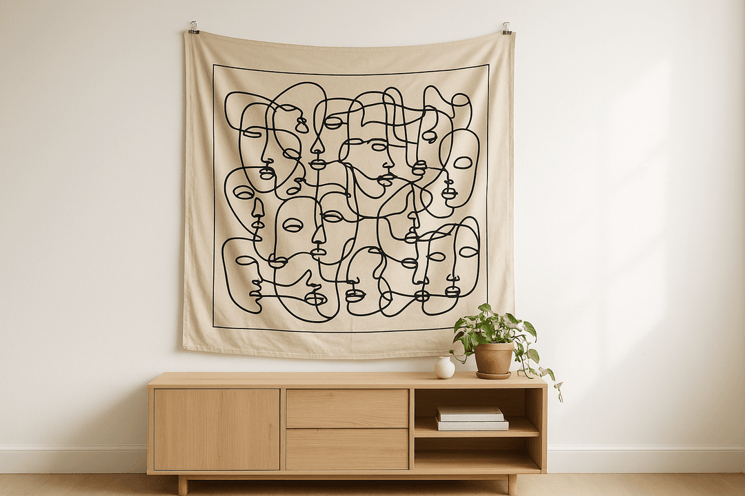 Endless Faces tapestry wall hanging mockup