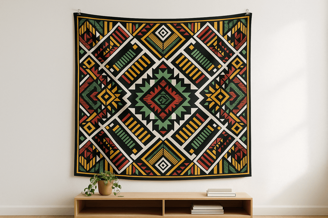 Tribal Geometry tapestry wall hanging mockup
