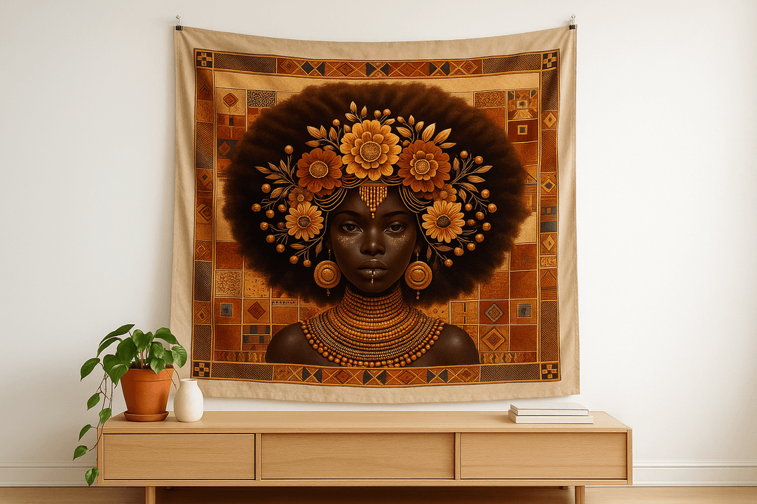 Golden Queen tapestry wall hanging mockup