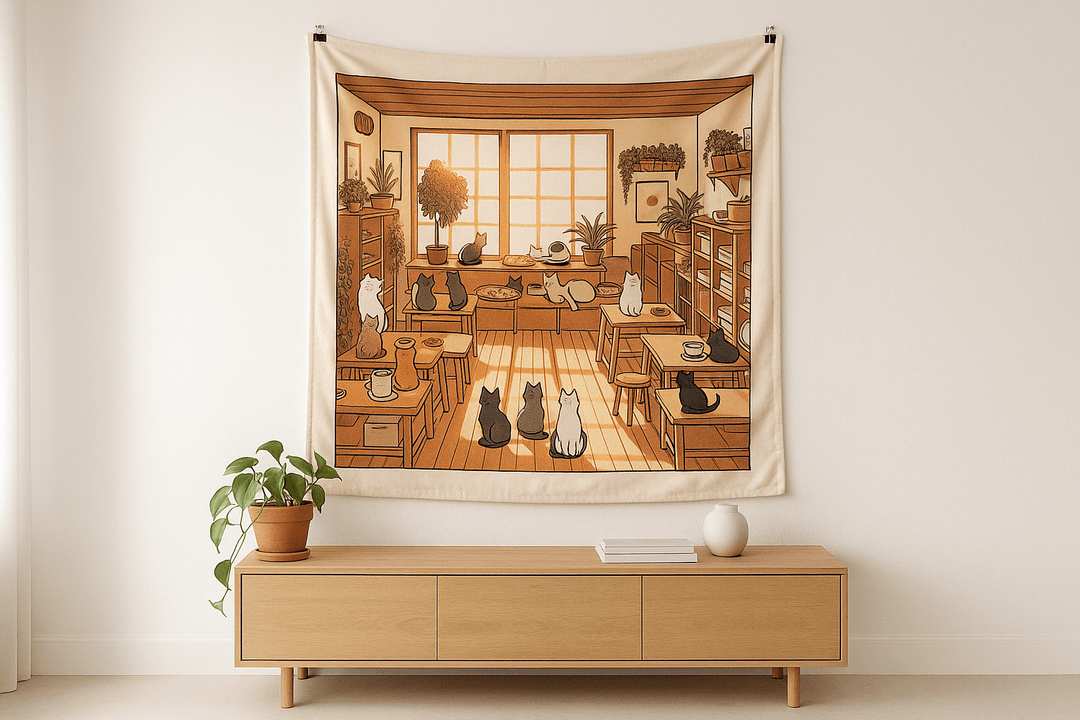 Cat Café tapestry wall hanging mockup
