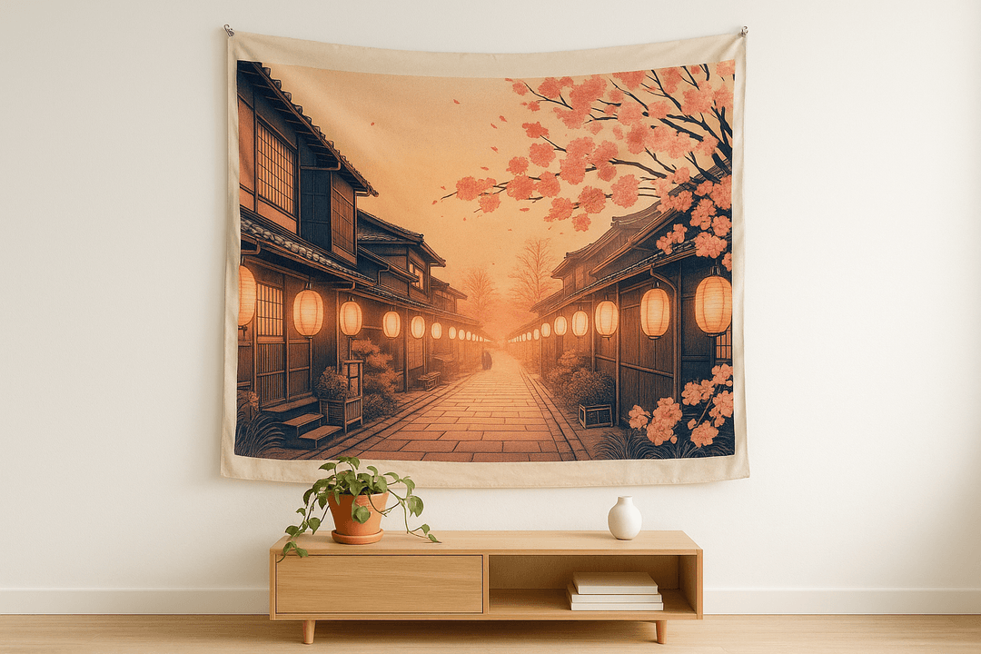 Sakura Street tapestry wall hanging mockup