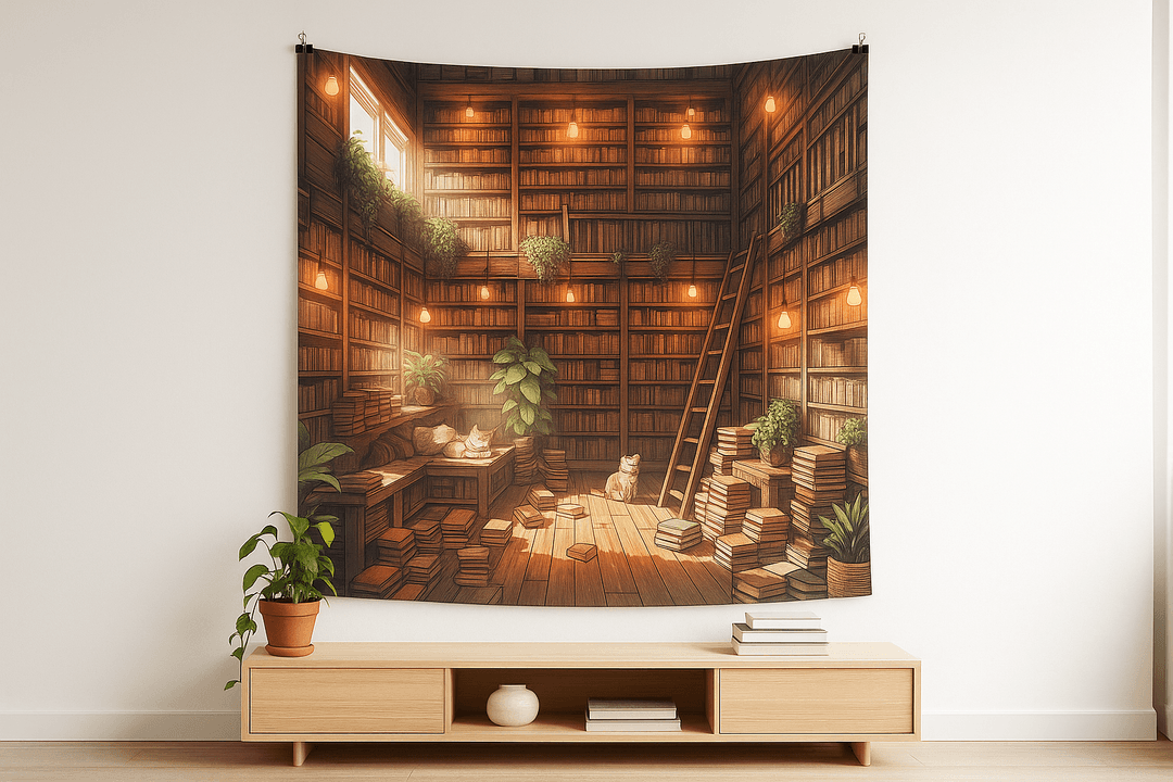 Cozy Bookshop tapestry wall hanging mockup