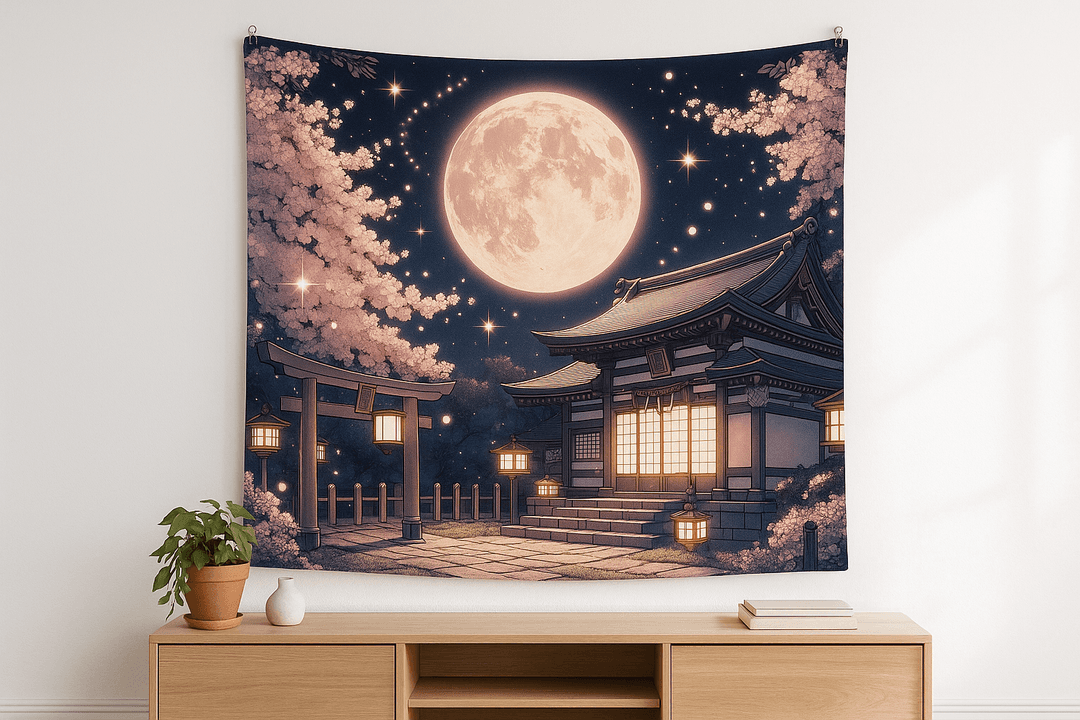 Moonlit Shrine tapestry wall hanging mockup