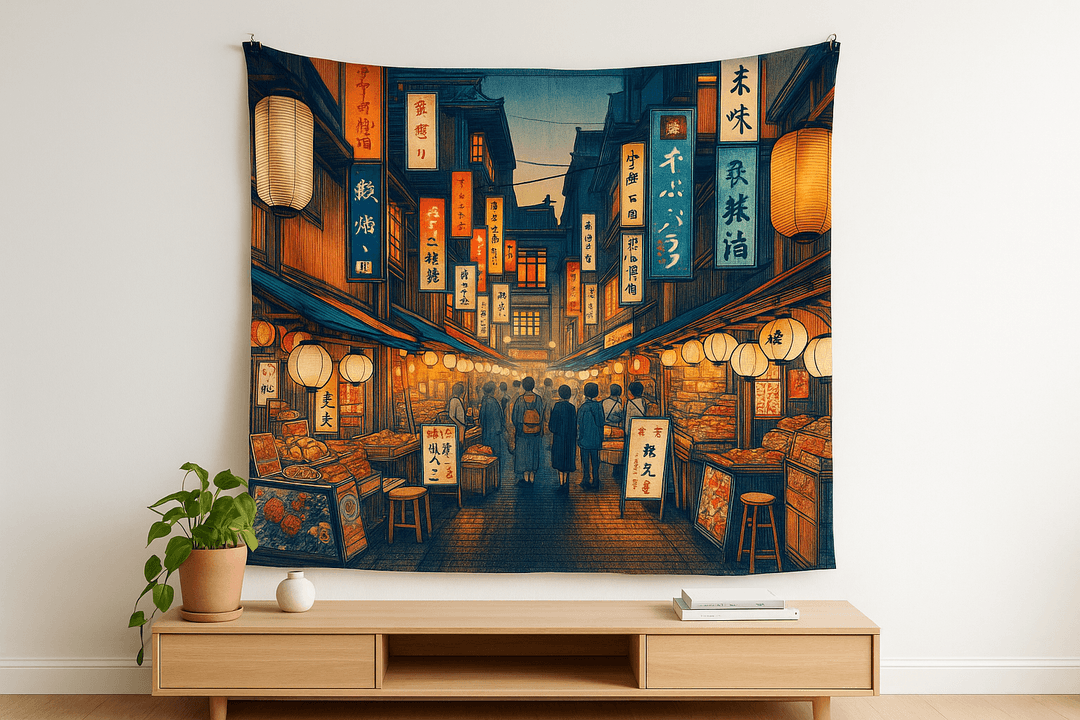 Night Market tapestry wall hanging mockup