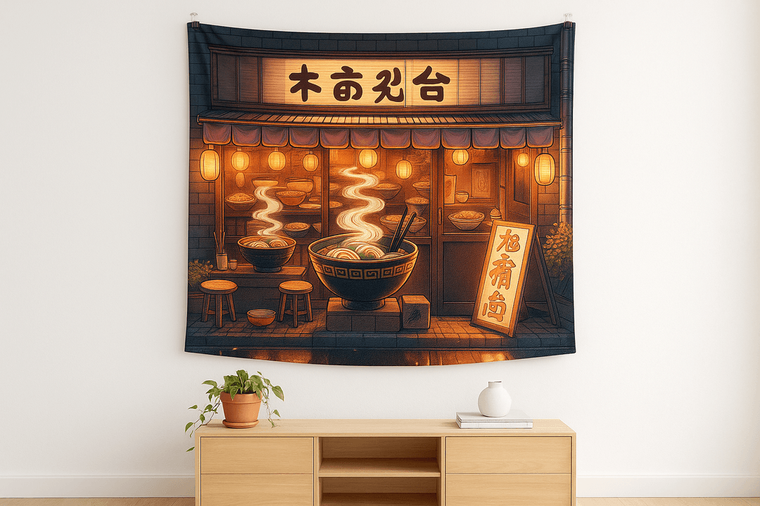Ramen Shop tapestry wall hanging mockup