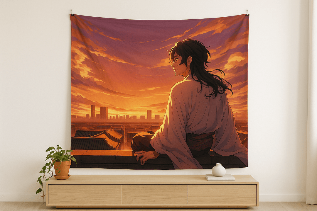Sunset Rooftop tapestry wall hanging mockup