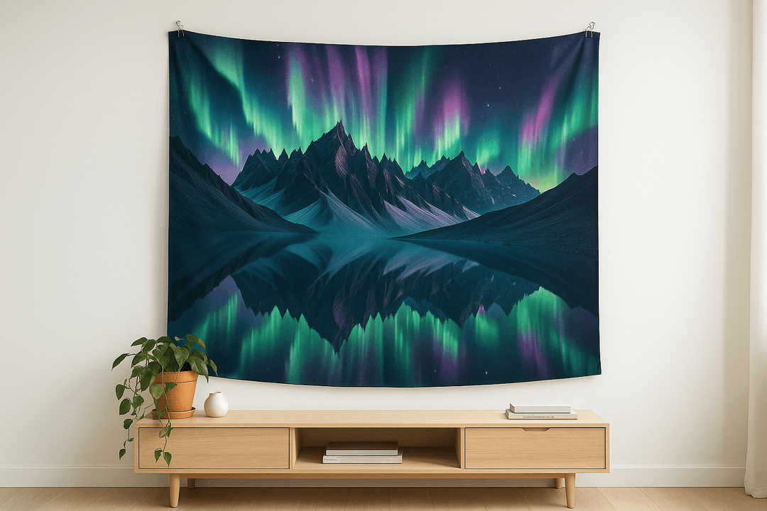 Aurora Mirror tapestry wall hanging mockup