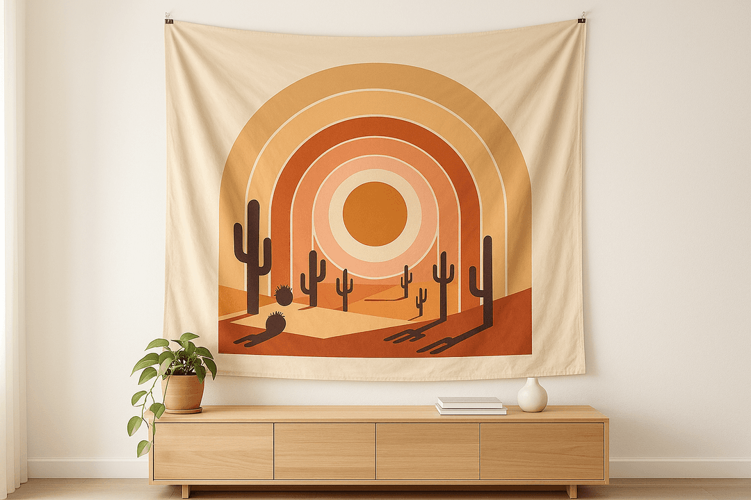 Desert Sunrise tapestry wall hanging mockup