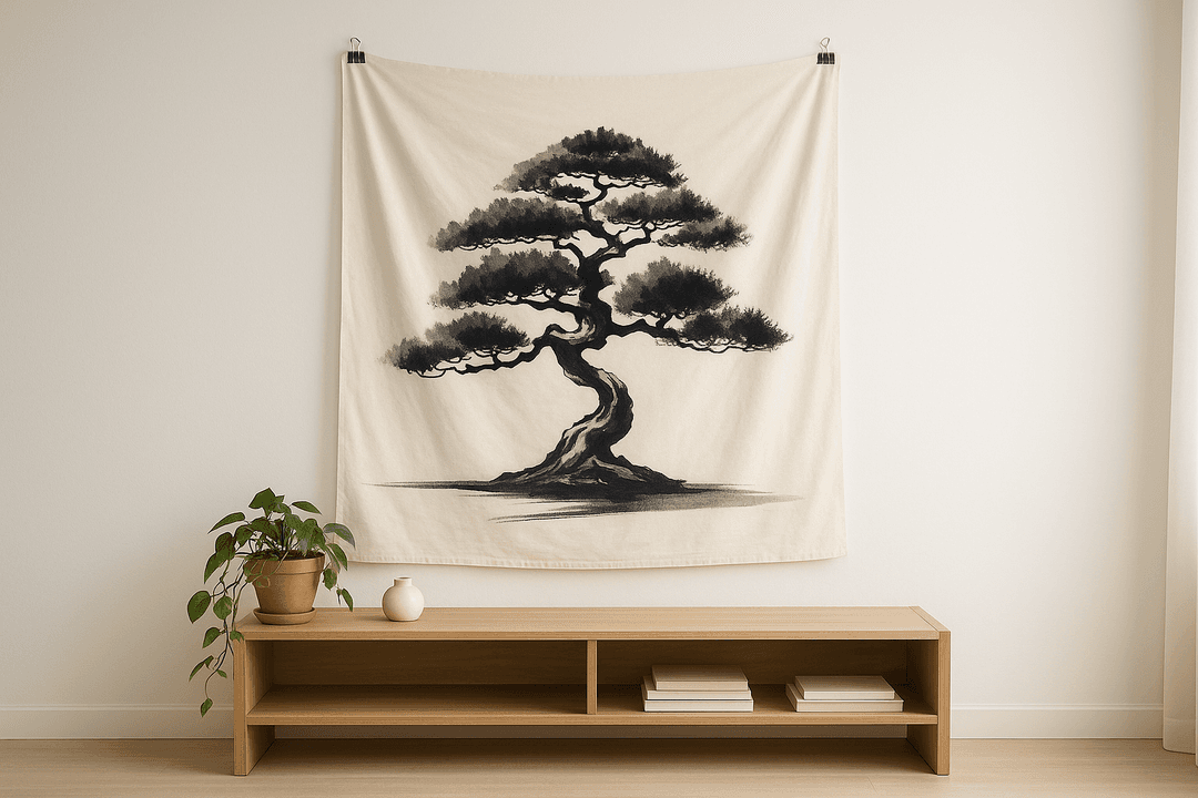 Ink Bonsai tapestry wall hanging mockup