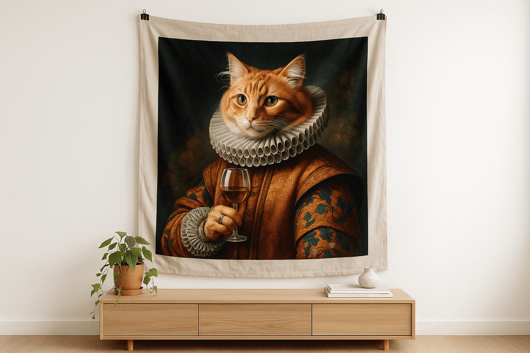 Cat Sommelier tapestry wall hanging mockup