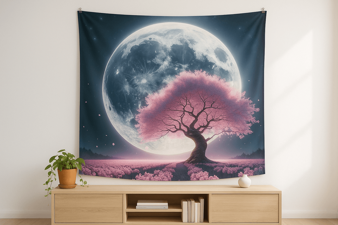 Moonlit Sakura tapestry wall hanging mockup