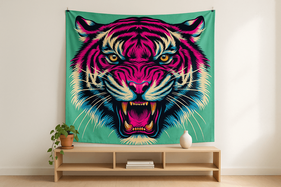 Pop Tiger tapestry wall hanging mockup