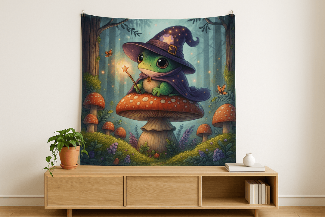 Frog Wizard tapestry wall hanging mockup