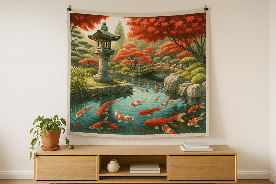 Koi Garden tapestry wall hanging mockup