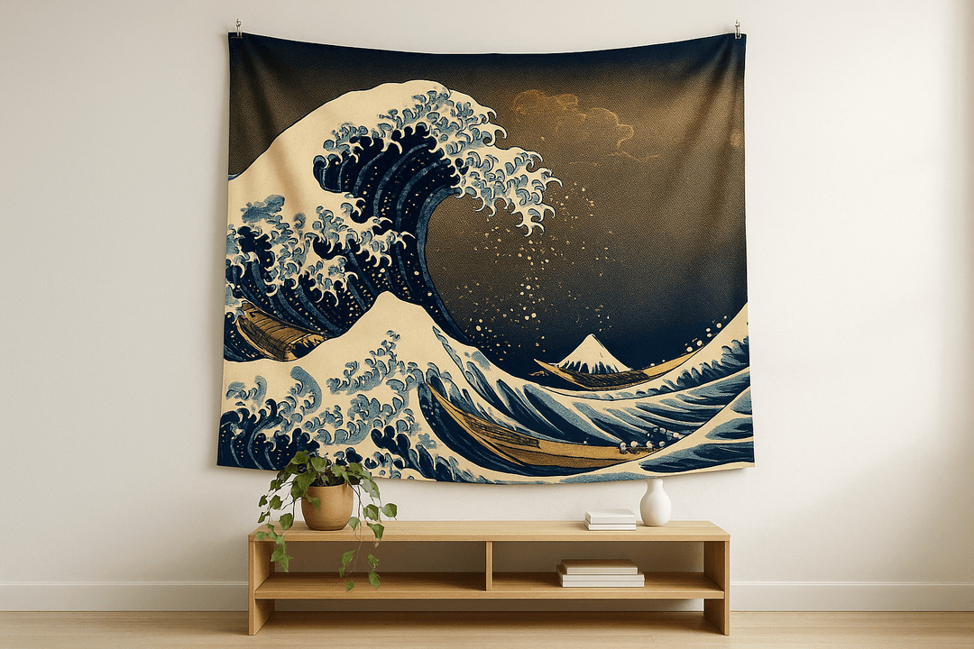 The Great Wave tapestry wall hanging mockup