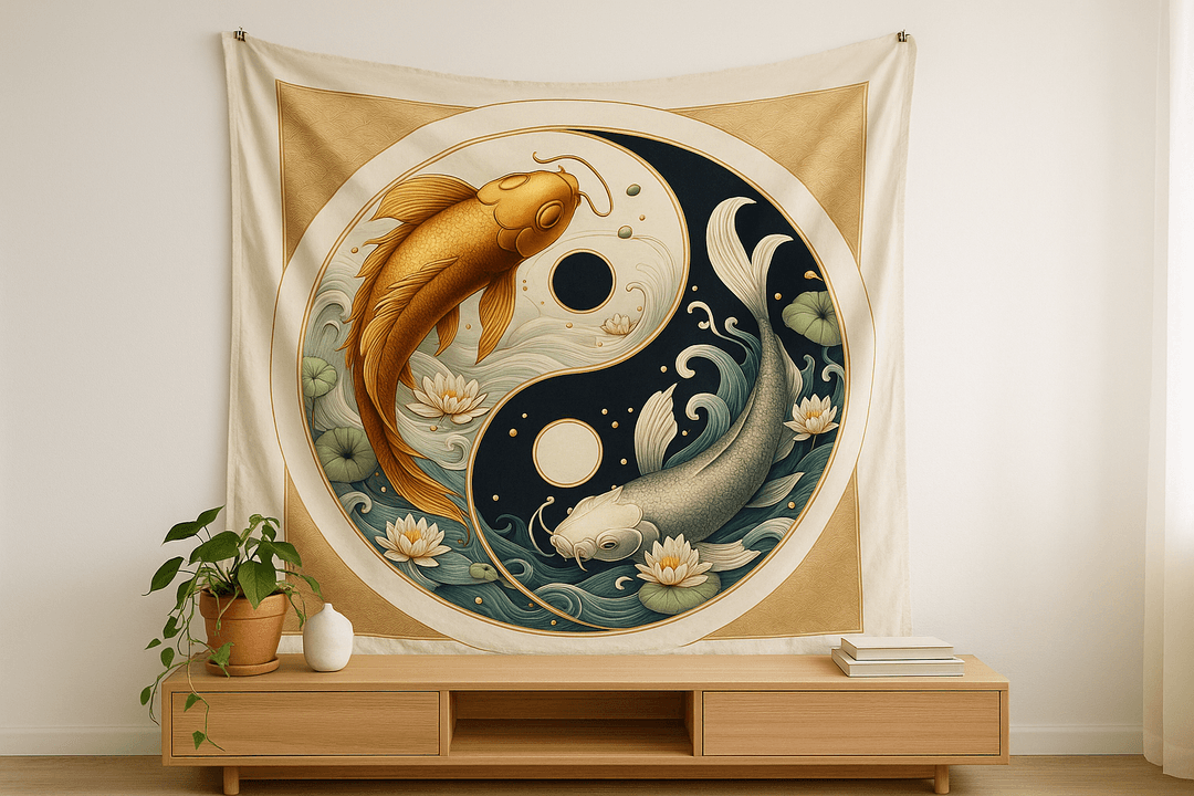 Koi Yin Yang tapestry wall hanging mockup