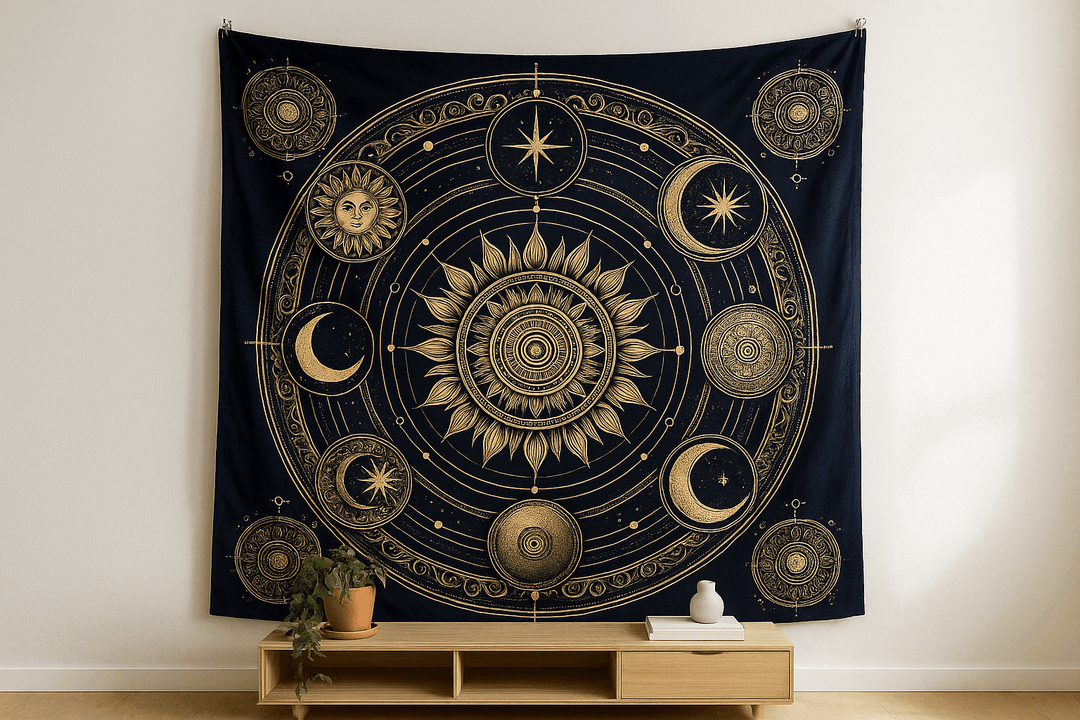 Celestial Mandala tapestry wall hanging mockup