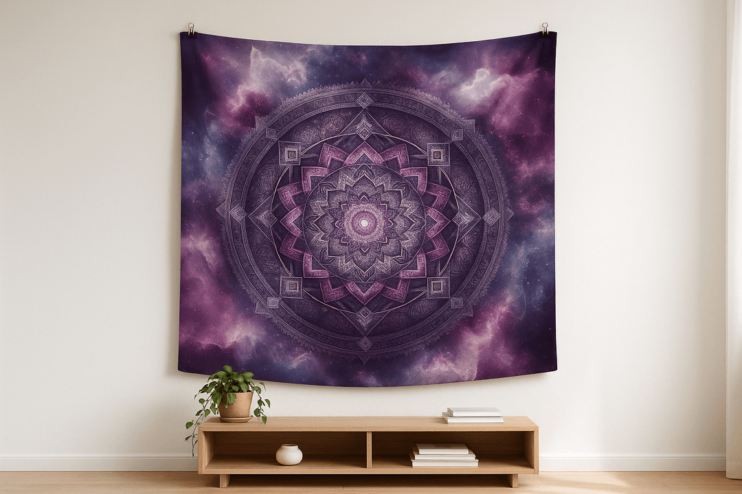 Cosmic Mandala tapestry wall hanging mockup
