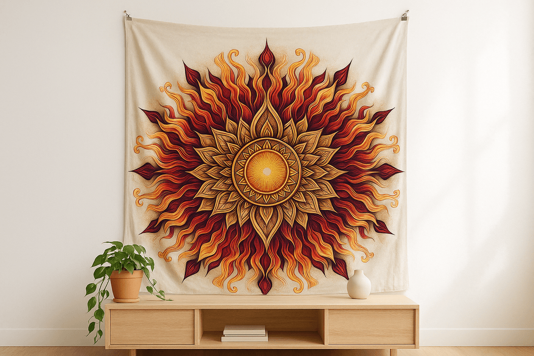 Fire Mandala tapestry wall hanging mockup