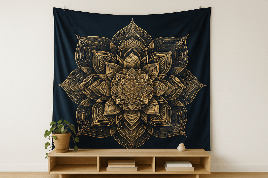 Golden Lotus tapestry wall hanging mockup