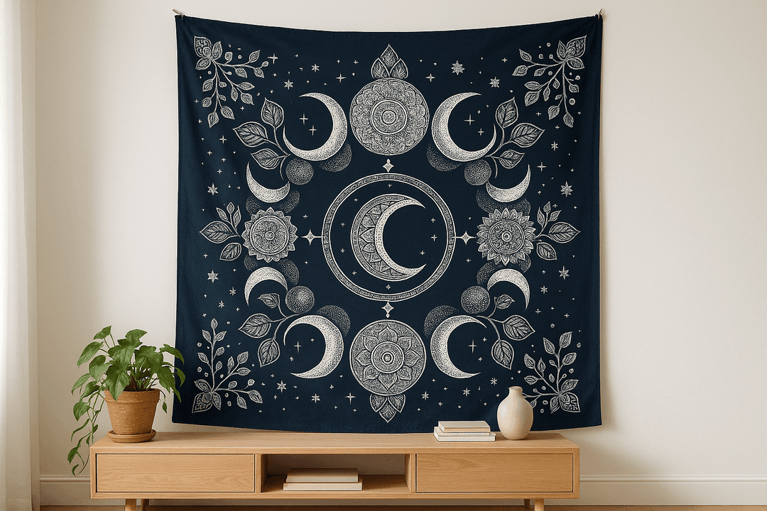 Moon Phase Mandala tapestry wall hanging mockup