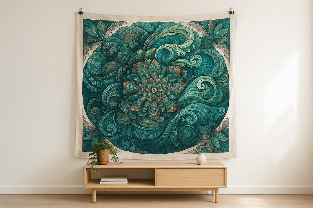 Ocean Mandala tapestry wall hanging mockup