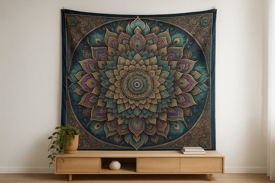 Peacock Mandala tapestry wall hanging mockup