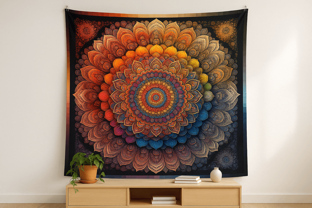 Spectrum Mandala tapestry wall hanging mockup