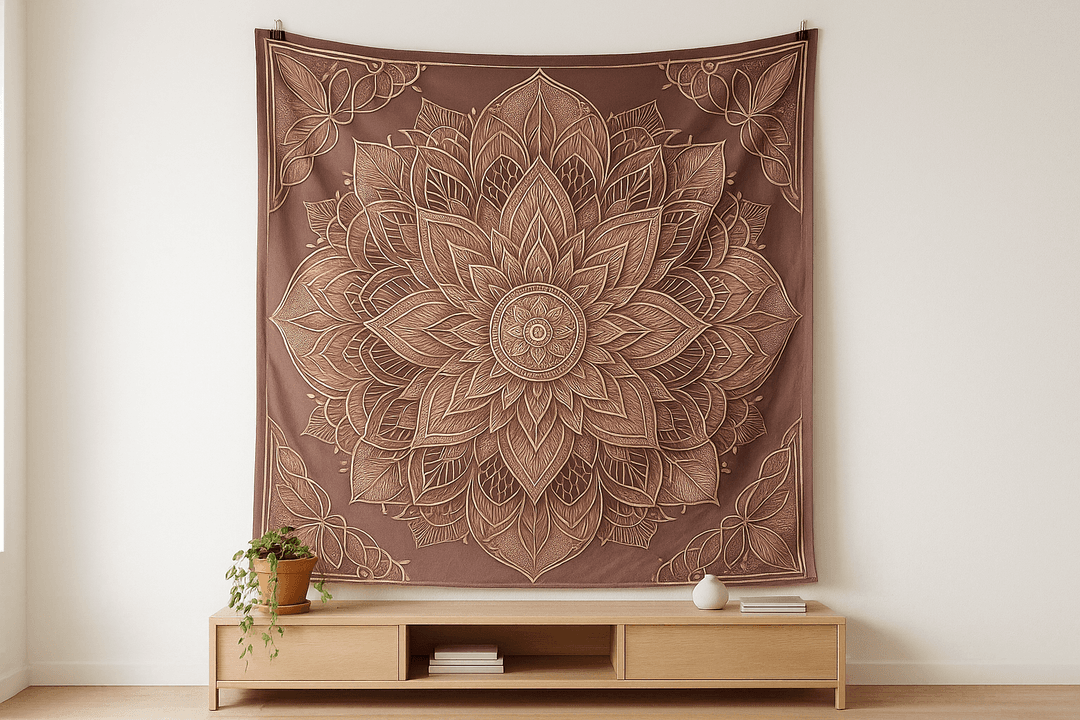 Rose Gold Mandala tapestry wall hanging mockup