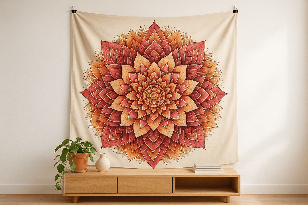 Sunset Mandala tapestry wall hanging mockup