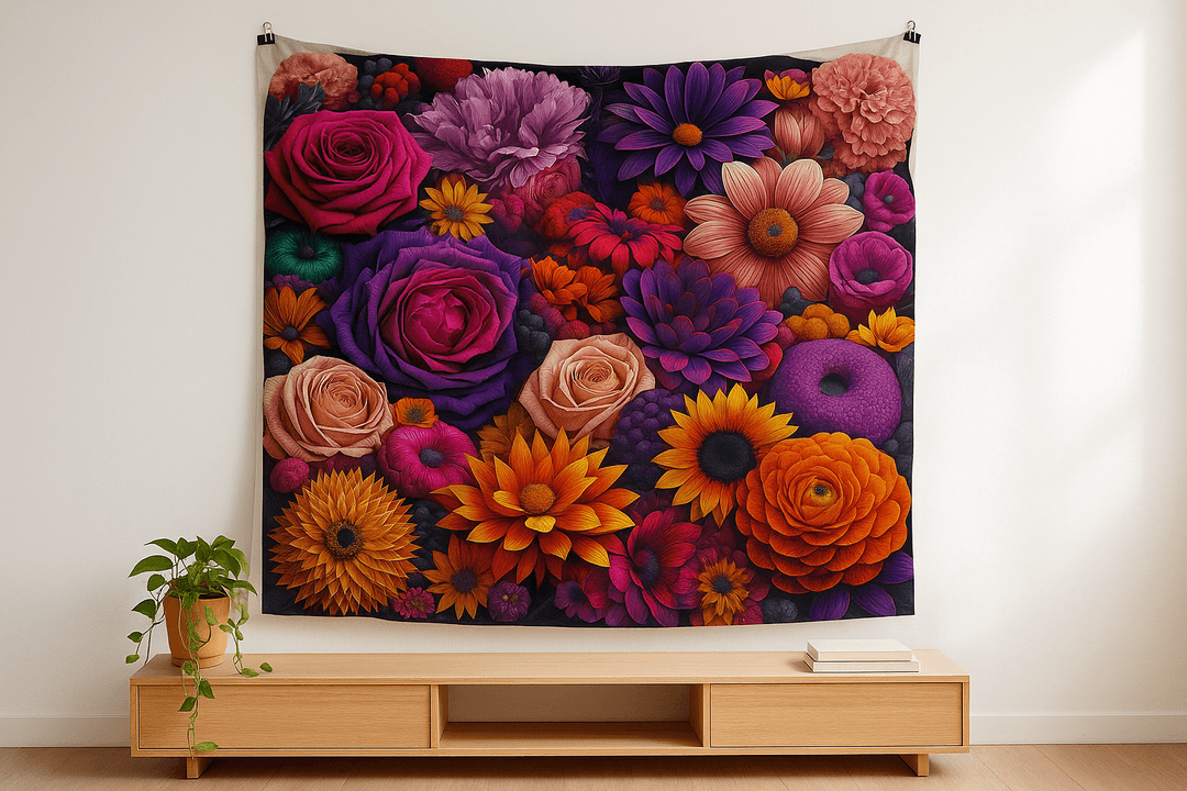 Flower Bomb tapestry wall hanging mockup
