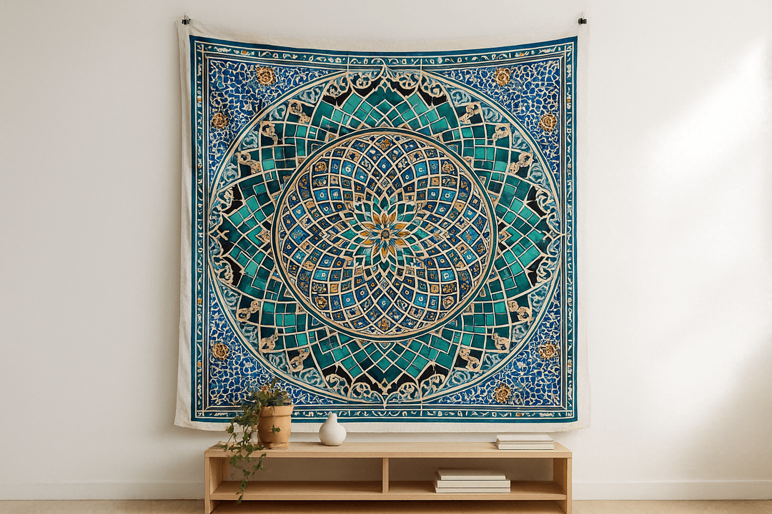 Moroccan Mosaic tapestry wall hanging mockup