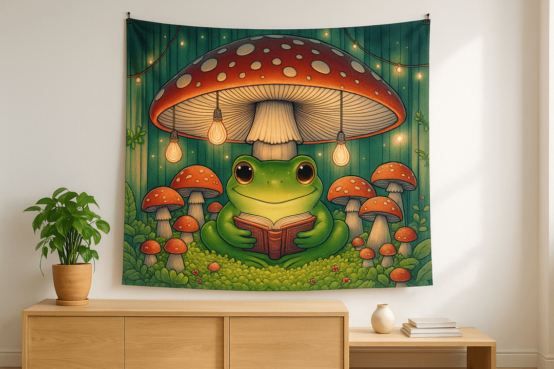 Mushroom Cottage tapestry wall hanging mockup