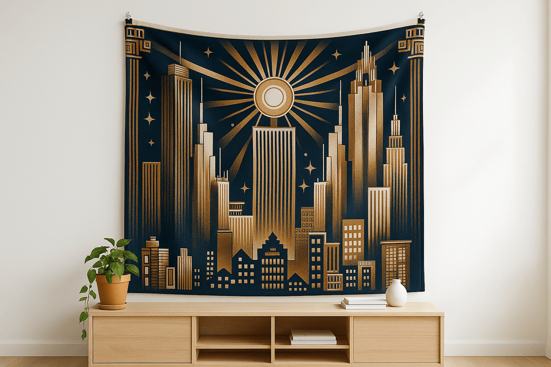 Neo Deco City tapestry wall hanging mockup